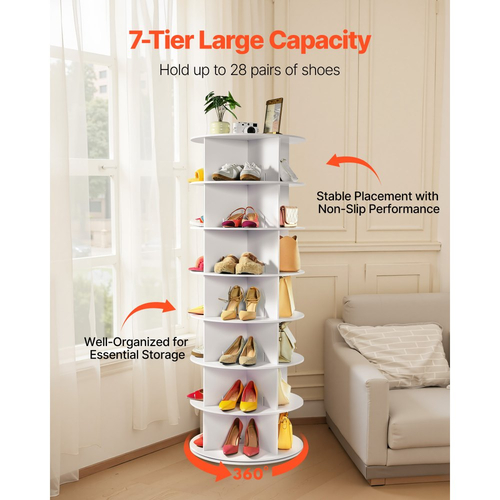 VEVOR 7 επιπέδων περιστρεφόμενος πύργος παπουτσιών, περιστρεφόμενη παπουτσοθήκη 360°, περιστρεφόμενη στρογγυλή καρουζέλ αποθήκευσης, ανεξάρτητη οργανωτική βιτρίνα Lazy Susan για υπνοδωμάτιο, σαλόνι, είσοδο, ντουλάπα, λευκό