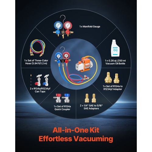 Σετ αντλίας κενού και μετρητή VEVOR AC, 4,5 CFM 127 L/min, Μονοβάθμια αντλία κενού HVAC με περιστροφικό πτερύγιο, Κιτ μετρητή πολλαπλής εισαγωγής, για R134a R22 R410a R1234YF R32, με τσάντα μεταφοράς, για αυτόματο κλιματισμό HVAC