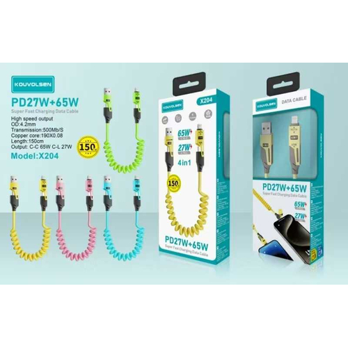 Καλώδιο φόρτισης & data σπιράλ - 4in1 - Fast Charge - X204 - 27-65W - 102048 - Blue