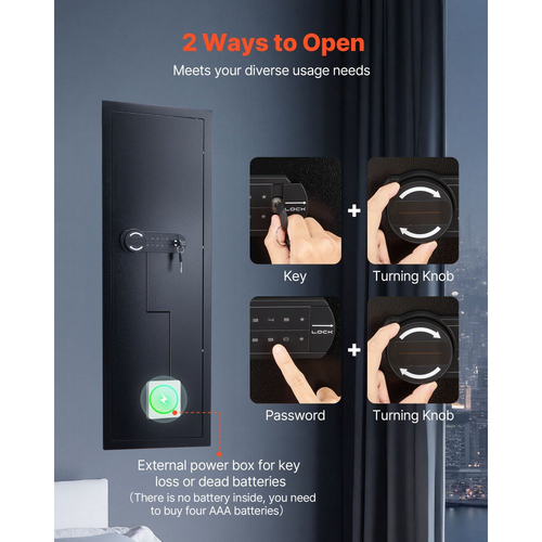 Χρηματοκιβώτιο τοίχου VEVOR, 4 επιπέδων κρυφό χρηματοκιβώτιο όπλων με κωδικό πρόσβασης και κλειδί, εντοιχιζόμενο κουτί από χάλυβα ψυχρής έλασης Q235 με φωτισμό LED, 3 ρυθμιζόμενα ράφια και θήκες κλειδιών για χρήματα, κοσμήματα, διαβατήριο, μαύρο