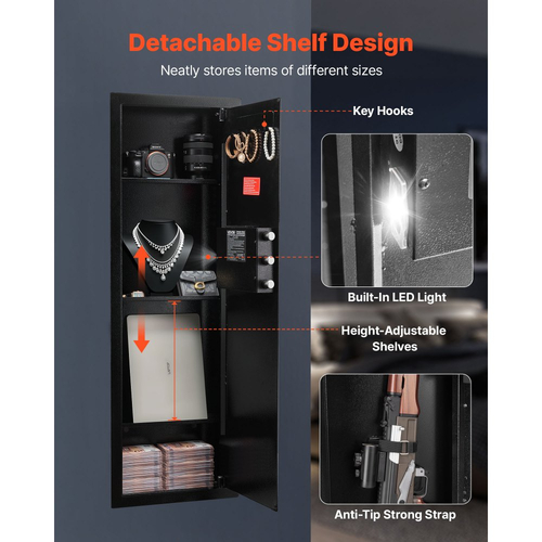 Χρηματοκιβώτιο τοίχου VEVOR, 4 επιπέδων κρυφό χρηματοκιβώτιο όπλων με κωδικό πρόσβασης και κλειδί, εντοιχιζόμενο κουτί από χάλυβα ψυχρής έλασης Q235 με φωτισμό LED, 3 ρυθμιζόμενα ράφια και θήκες κλειδιών για χρήματα, κοσμήματα, διαβατήριο, μαύρο