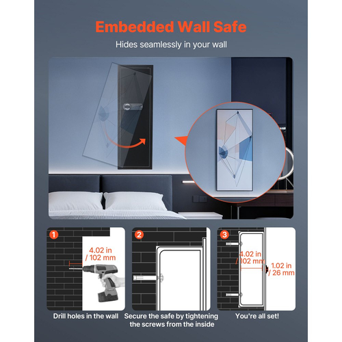 Χρηματοκιβώτιο τοίχου VEVOR, 4 επιπέδων κρυφό χρηματοκιβώτιο όπλων με κωδικό πρόσβασης και κλειδί, εντοιχιζόμενο κουτί από χάλυβα ψυχρής έλασης Q235 με φωτισμό LED, 3 ρυθμιζόμενα ράφια και θήκες κλειδιών για χρήματα, κοσμήματα, διαβατήριο, μαύρο
