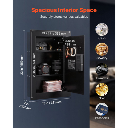 Χρηματοκιβώτιο τοίχου VEVOR, κρυφό χρηματοκιβώτιο τοίχου 3 επιπέδων με δακτυλικό αποτύπωμα, κωδικό πρόσβασης, κλειδί και περιστρεφόμενο κουμπί, κουτί τοίχου από χάλυβα ψυχρής έλασης Q235 με ρυθμιζόμενα ράφια και θήκες κλειδιών για χρήματα, κοσμήματα, διαβατήριο, έγγραφα