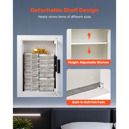 Χρηματοκιβώτιο τοίχου VEVOR 0,83 τ.μ., κρυφό χρηματοκιβώτιο τοίχου 3 επιπέδων με κωδικό πρόσβασης, κλειδί και περιστρεφόμενο κουμπί, κουτί εντοιχισμού από χάλυβα ψυχρής έλασης Q235 με ρυθμιζόμενα ράφια και οπές στερέωσης για χρήματα, κοσμήματα, διαβατήριο, λευκό