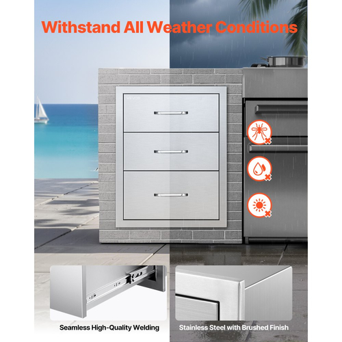 Συρτάρια εξωτερικού χώρου κουζίνας VEVOR 18,11"Π x 23,23"Β x 23,23"Υ, Συρτάρια BBQ από ανοξείδωτο ατσάλι τριπλής πρόσβασης με λαβές, Συρτάρι νησίδας BBQ για εξωτερικές κουζίνες ή σταθμός ψησταριάς εξωτερικού χώρου σε νησίδα μπάρμπεκιου