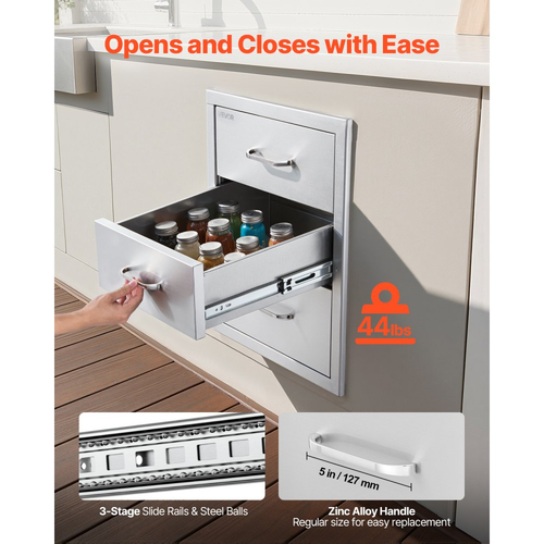 Συρτάρια εξωτερικού χώρου κουζίνας VEVOR 18,11"Π x 23,23"Β x 23,23"Υ, Συρτάρια BBQ από ανοξείδωτο ατσάλι τριπλής πρόσβασης με λαβές, Συρτάρι νησίδας BBQ για εξωτερικές κουζίνες ή σταθμός ψησταριάς εξωτερικού χώρου σε νησίδα μπάρμπεκιου