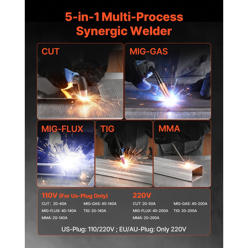 Συνδυασμός κοπής πλάσματος VEVOR 5 σε 1 - ΚΟΨΙΜΟ/TIG/Αερίου MIG/Ροή MIG/MMA, Μηχανή κοπής πλάσματος χωρίς επαφή 50A & Συνεργική μηχανή συγκόλλησης 200A, Παλμική μηχανή συγκόλλησης Mig αλουμινίου 220V συμβατή με πιστόλι καρουλιού