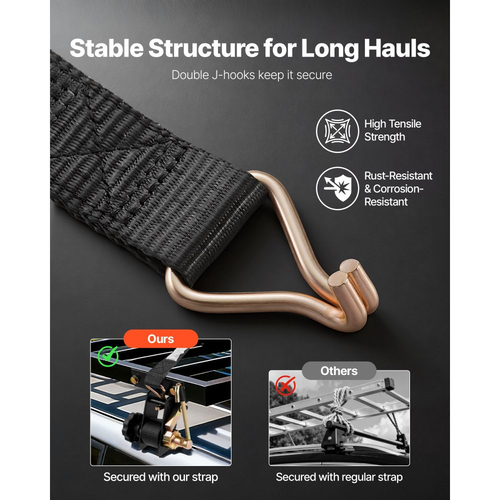 Ιμάντες καστάνιας VEVOR για σκάλες, μαύρο τετράγωνο στήριγμα σωλήνα, πλάτος 38 mm x μήκος 2,25 m, μαύροι ιμάντες σκάλας με διπλά γάντζους J, φορτίο βαρέως τύπου 226,8 kg, ιμάντας ασφάλισης αγκράφας φορτίου (4 τεμάχια)