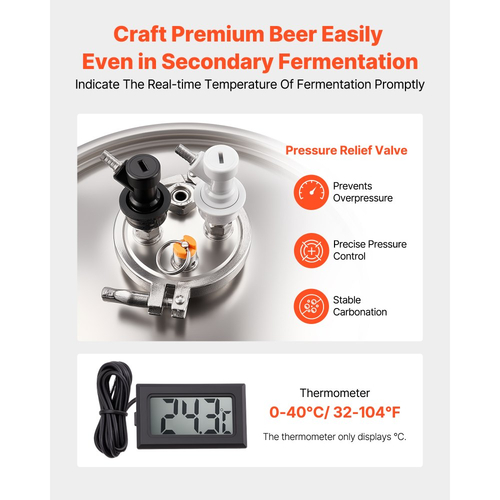 Κωνικός ζυμωτήρας VEVOR από ανοξείδωτο χάλυβα, δεξαμενή ζύμωσης οικιακής ζυθοποίησης 8 γαλονιών/30 λίτρων, ζυμωτήρας με κουβά ζυθοποίησης με κωνικό πάτο, 3 ρυθμιζόμενα πόδια, καπάκι, λαβή και θερμόμετρο, για ζύμωση κρασιού και μπύρας