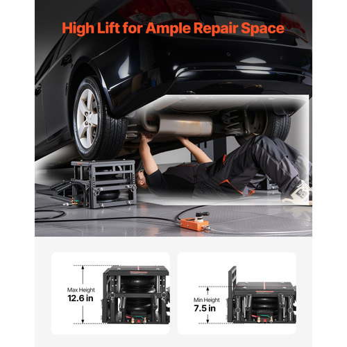 Φορητές ανυψωτικές μηχανές αυτοκινήτου VEVOR Air 2 τεμάχια, χωρητικότητα 5 τόνων, μέγιστο ύψος 320 mm, πνευματικοί γρύλοι ράμπας με αερόσακους, τάκους τροχών, ράμπες επέκτασης, υπερυψωμένες κολώνες, βαρέως τύπου για sedan, SUV, φορτηγά