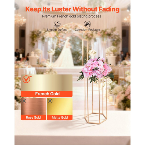 Βάση Λουλουδιών Γάμου VEVOR, 10 τεμάχια βάση λουλουδιών σε στήλη 60cm, Βάσεις Λουλουδιών με Ακρυλικό Laminate, Εξαγωνική κυβική βάση επίδειξης λουλουδιών για γάμο, πάρτι, γενέθλια, σπίτι, Χρυσές βάσεις κεντρικών τεμαχίων