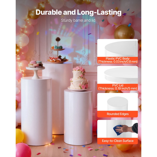 Βάση Λουλουδιών Γάμου VEVOR, 3 τεμάχια στρογγυλή κυλινδρική βάση 60/75/90cm, λευκή βάση στήριξης με καπάκι PVC, κυλινδρικές βάσεις στήριξης για γάμο, πάρτι, γενέθλια, διακόσμηση τέχνης, φορτίο 15kg