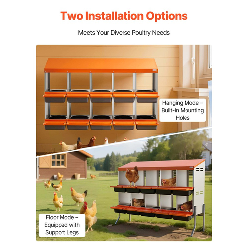 VEVOR Κουτιά φωλιάς για κοτόπουλα, 10 διαμερίσματα, με πόδια στήριξης, εύκολη συλλογή αυγών, γαλβανισμένο ατσάλι και πλαστικό υψηλής αντοχής, ρολαρισμένα κουτιά φωλιάς για κοτόπουλα και κότες που γεννούν αυγά, πορτοκαλί