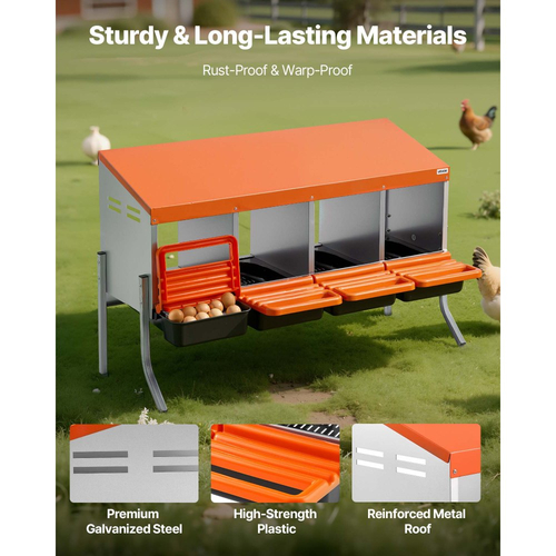 VEVOR Κουτιά φωλιάς για κοτόπουλα, 4 διαμερίσματα, με πόδια στήριξης, εύκολη συλλογή αυγών, γαλβανισμένο ατσάλι και πλαστικό υψηλής αντοχής, ρολαρισμένα κουτιά φωλιάς για κοτόπουλα και κότες που γεννούν αυγά, πορτοκαλί