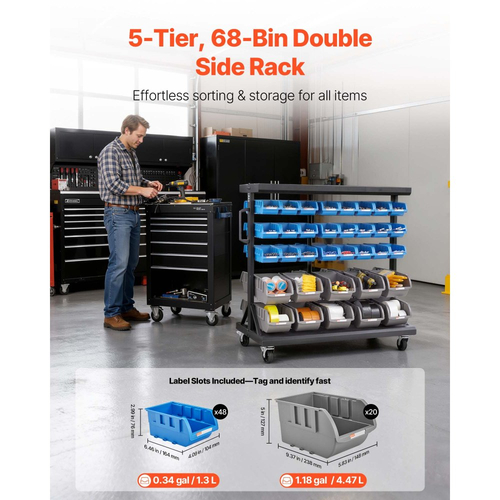 VEVOR Ράφι Αποθήκευσης 5 Επιπέδων Διπλής Όψης με Κυλιόμενο Κάδο, 68 Πλαστικοί Κάδοι, Οργανωτής Εξαρτημάτων Διπλής Όψης με Ρόδες, Κινητός Οργανωτής Εργαλείων για Γκαράζ, Αποθήκη, Γραφείο, Εστιατόριο, Τάξη, Κουζίνα
