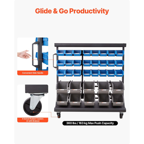 VEVOR Ράφι Αποθήκευσης 5 Επιπέδων Διπλής Όψης με Κυλιόμενο Κάδο, 68 Πλαστικοί Κάδοι, Οργανωτής Εξαρτημάτων Διπλής Όψης με Ρόδες, Κινητός Οργανωτής Εργαλείων για Γκαράζ, Αποθήκη, Γραφείο, Εστιατόριο, Τάξη, Κουζίνα