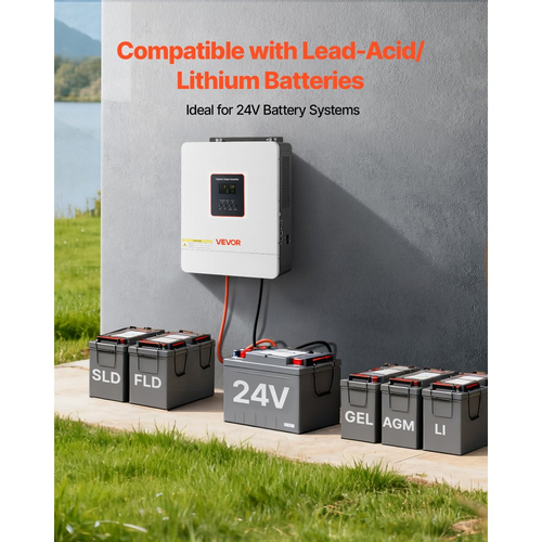 Υβριδικός Ηλιακός Μετατροπέας VEVOR 4000W, 24V DC έως 230V AC, Φορτιστής Μετατροπέα Ισχύος Καθαρού Ημιτόνου, με Ενσωματωμένο Ηλιακό Ελεγκτή MPPT 120A, Μονάδα WiFi, Μονοφασικός, για Μπαταρία Λιθίου Μολύβδου-Οξέος Αυτόνομη