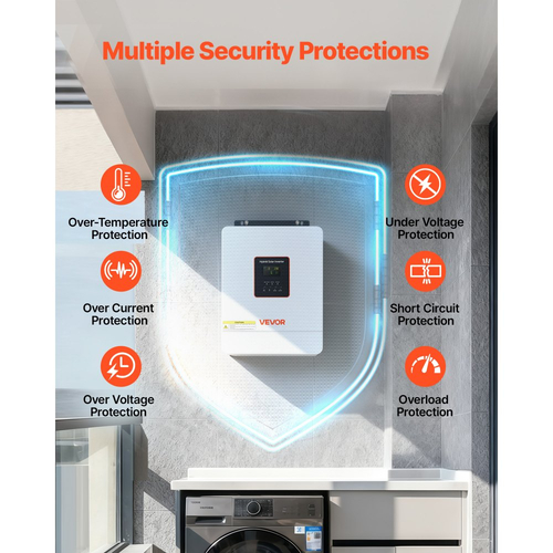 Υβριδικός Ηλιακός Μετατροπέας VEVOR 4000W, 24V DC έως 230V AC, Φορτιστής Μετατροπέα Ισχύος Καθαρού Ημιτόνου, με Ενσωματωμένο Ηλιακό Ελεγκτή MPPT 120A, Μονάδα WiFi, Μονοφασικός, για Μπαταρία Λιθίου Μολύβδου-Οξέος Αυτόνομη