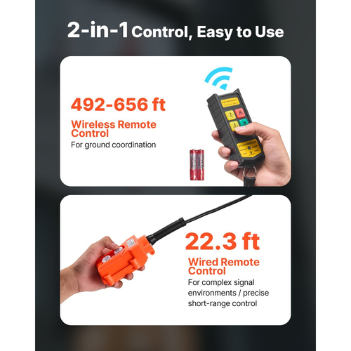 Ηλεκτρικό βαρούλκο ανύψωσης VEVOR 2 σε 1, χωρητικότητας 300 kg, φορητός γερανός με βαρούλκο 1500W, ύψος ανύψωσης 30 m, 18,9 m/min με ενσύρματο και ασύρματο τηλεχειριστήριο για εργοστάσιο, αποθήκη, γκαράζ