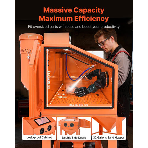 Θάλαμος αμμοβολής VEVOR 435L, Ανθεκτική αμμοβολή από χάλυβα με κιτ διπλών πιστολιών αμμοβολής, χοάνη μέσου 117L και ισχυρός συλλέκτης σκόνης 1200W για αφαίρεση σκουριάς από υπερμεγέθη εξαρτήματα, φινίρισμα επιφάνειας