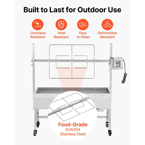 Ψησταριά VEVOR, Σούβλα για χοιρινό και αρνί 38W BBQ εξωτερικού χώρου, Ψησταριά για σούβλα κάρβουνου με χωρητικότητα 60 kg, ρόδες και ύψος 7 επιπέδων, Κιτ ηλεκτρικής σούβλας από ανοξείδωτο ατσάλι για κάμπινγκ εξωτερικού χώρου