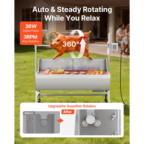 Ψησταριά VEVOR, Σούβλα για χοιρινό και αρνί 38W BBQ εξωτερικού χώρου, Ψησταριά για σούβλα κάρβουνου με χωρητικότητα 60 kg, ρόδες και ύψος 4 επιπέδων, Κιτ ηλεκτρικής σούβλας από ανοξείδωτο ατσάλι για κάμπινγκ εξωτερικού χώρου