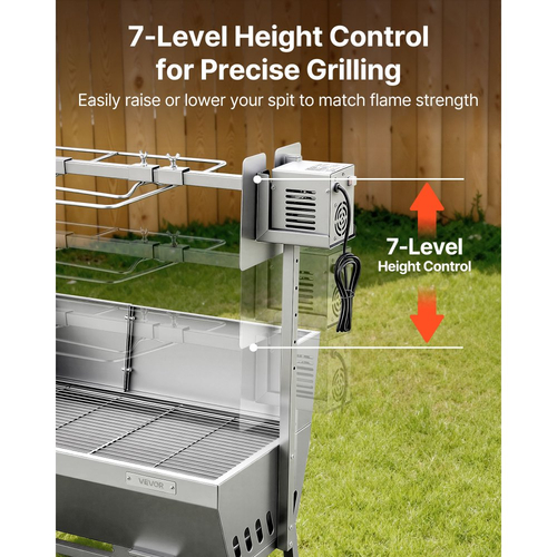 Ψησταριά VEVOR, Σούβλα για χοιρινό και αρνί 38W BBQ εξωτερικού χώρου, Ψησταριά για σούβλα κάρβουνου με χωρητικότητα 60 kg, ρόδες και ύψος 4 επιπέδων, Κιτ ηλεκτρικής σούβλας από ανοξείδωτο ατσάλι για κάμπινγκ εξωτερικού χώρου