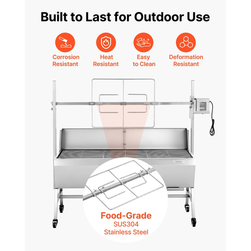 Ψησταριά VEVOR, Σούβλα για χοιρινό και αρνί 38W BBQ εξωτερικού χώρου, Ψησταριά για σούβλα κάρβουνου με χωρητικότητα 60 kg, ρόδες και ύψος 4 επιπέδων, Κιτ ηλεκτρικής σούβλας από ανοξείδωτο ατσάλι για κάμπινγκ εξωτερικού χώρου