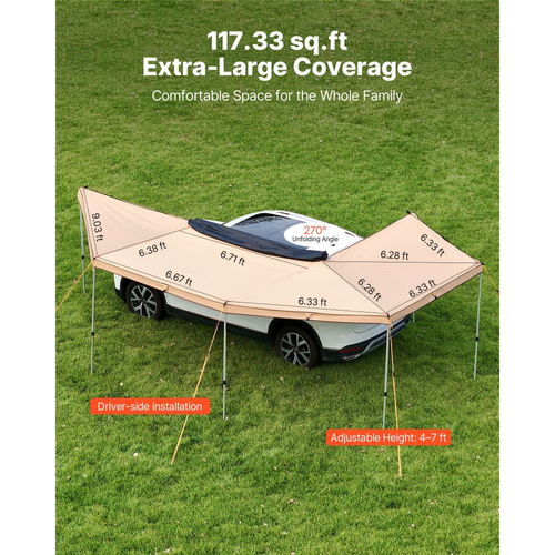 Τέντα VEVOR 270 μοιρών με ενσωματωμένα φώτα LED, τέντα οχήματος 10,9 ㎡ από την πλευρά του οδηγού, αδιάβροχες τέντες αυτοκινήτου UV50+, τέντες εδάφους παντός καιρού, στέγαστρο αυτοκινήτου για SUV, φορτηγό και κάμπινγκ