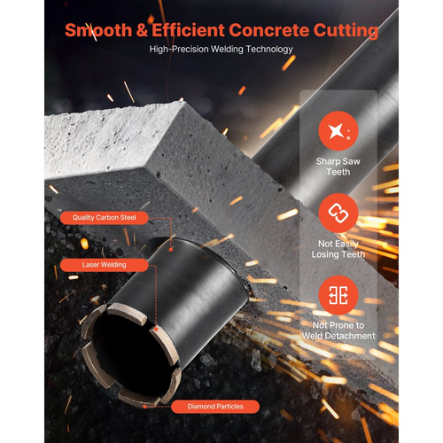 Τρυπάνι με πυρήνα VEVOR, διάμετρος 63,5 mm, βάθος τρυπήματος 356 mm, εσωτερικό σπείρωμα 1-1/4 in-7, τεχνολογία συγκόλλησης υψηλής ακρίβειας, τρυπάνι με πυρήνα υγρού διαμαντιού για οπλισμένο σκυρόδεμα, κόκκινα τούβλα και τοιχοποιία