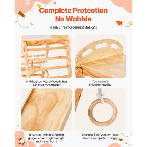 VEVOR Εσωτερική Παιδική Χαρά Ζούγκλας, Ξύλινα Παιχνίδια Αναρρίχησης Εσωτερικής Παιδικής Χαράς 4 σε 1 για Παιδιά, Σετ Αναρρίχησης για Νήπια Montessori με Αναρριχητικό Βράχο, Τσουλήθρα, Ξύλινη Σκάλα & Δαχτυλίδια Γυμναστικής, Φόρτωση 100KG