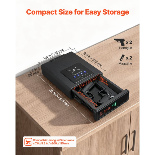 Θυρίδα ασφαλείας πιστολιού VEVOR, Θυρίδα ασφαλείας πιστολιού με δακτυλικό αποτύπωμα/κωδικό πρόσβασης/κλειδί, συρτάρι θήκης πυροβόλου όπλου 3 κατευθύνσεων γρήγορης πρόσβασης με οθόνη για 2 πιστόλια και γεμιστήρες, ασύρματη φόρτιση, για γραφείο ή κομοδίνο