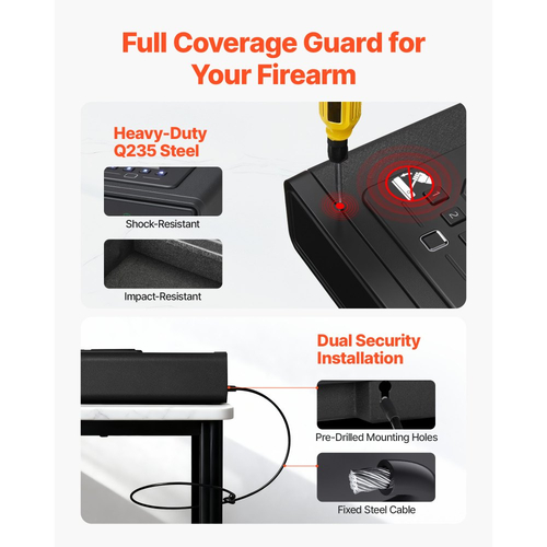 Θυρίδα ασφαλείας πιστολιού VEVOR, Θυρίδα ασφαλείας πιστολιού με δακτυλικό αποτύπωμα/κωδικό πρόσβασης/κλειδί, συρτάρι θήκης πυροβόλου όπλου 3 κατευθύνσεων γρήγορης πρόσβασης με οθόνη για 2 πιστόλια και γεμιστήρες, ασύρματη φόρτιση, για γραφείο ή κομοδίνο