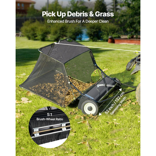 Σάρωθρο γκαζόν VEVOR 26,7 cm με ρυμούλκηση, μεγάλη σκούπα αυλής 26 κυβικών ποδιών, ρυθμιζόμενο ύψος σάρωσης, βαρέως τύπου συλλέκτης φύλλων και χόρτου με σχοινί απόρριψης, σάρωθρα με τράβηγμα πίσω για κομμένο γρασίδι