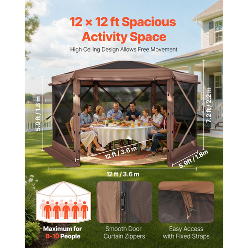 Σκηνή VEVOR με Αναδιπλούμενο Σήτα για Κιόσκι, Μεγάλη Σκηνή Κάμπινγκ 6 Όψεων 3,6 x 3,6 μ. με Αφαιρούμενη Επιφάνεια & Τσάντα Μεταφοράς, Γρήγορης Τοποθέτησης & Ανθεκτική στα Δαγκώματα, Σήτα για Σκίαστρο για 8-10 Άτομα, Αυλή, Καφέ
