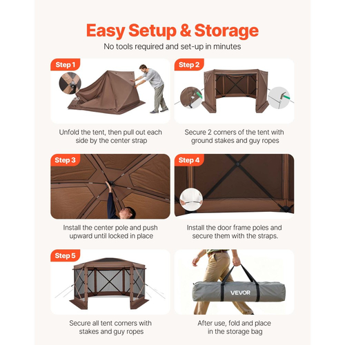 Σκηνή VEVOR με Αναδιπλούμενο Σήτα για Κιόσκι, Μεγάλη Σκηνή Κάμπινγκ 6 Όψεων 3,6 x 3,6 μ. με Αφαιρούμενη Επιφάνεια & Τσάντα Μεταφοράς, Γρήγορης Τοποθέτησης & Ανθεκτική στα Δαγκώματα, Σήτα για Σκίαστρο για 8-10 Άτομα, Αυλή, Καφέ
