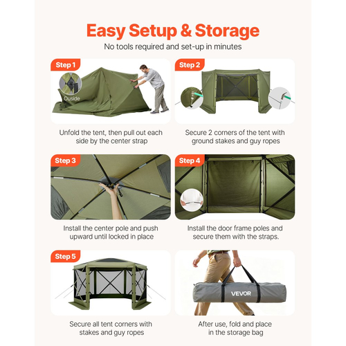 Σκηνή VEVOR με Αναδιπλούμενο Κιόσκι, Μεγάλη Σκηνή Κάμπινγκ 6 Όψεων 3,6 x 3,6 μ. με Αφαιρούμενη Επιφάνεια & Τσάντα Μεταφοράς, Γρήγορης Τοποθέτησης & Αδιάβροχη, Σκίαστρο για 8-10 Άτομα, Πράσινο