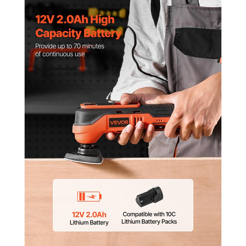 Ασύρματο παλινδρομικό εργαλείο VEVOR, πολυεργαλείο 12V παλινδρομικό πριόνι με 6 μεταβλητές ταχύτητες 6000 - 17500 OPM, γωνία ταλάντωσης 3,2°, μπαταρία 2,0Ah και φορτιστής, 8 τεμάχια αξεσουάρ πριονιού και φως εργασίας LED