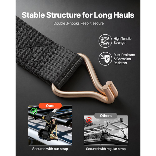 Ιμάντες καστάνιας VEVOR για σκάλες, βάση με στρογγυλό σωλήνα 47,6-50,8 mm σε μαύρο χρώμα, πλάτος 38 mm x μήκος 2,25 m, μαύροι ιμάντες σκάλας με διπλά J-Hooks, φορτίο βαρέως τύπου 226,8 kg, ιμάντας ασφάλισης με αγκράφα φορτίου (2 τεμάχια)