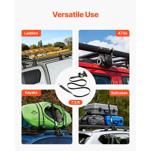 Ιμάντες καστάνιας VEVOR για σκάλες, βάση με στρογγυλό σωλήνα 47,6-50,8 mm σε μαύρο χρώμα, πλάτος 38 mm x μήκος 2,25 m, μαύροι ιμάντες σκάλας με διπλά J-Hooks, φορτίο βαρέως τύπου 226,8 kg, ιμάντας ασφάλισης με αγκράφα φορτίου (4 τεμάχια)