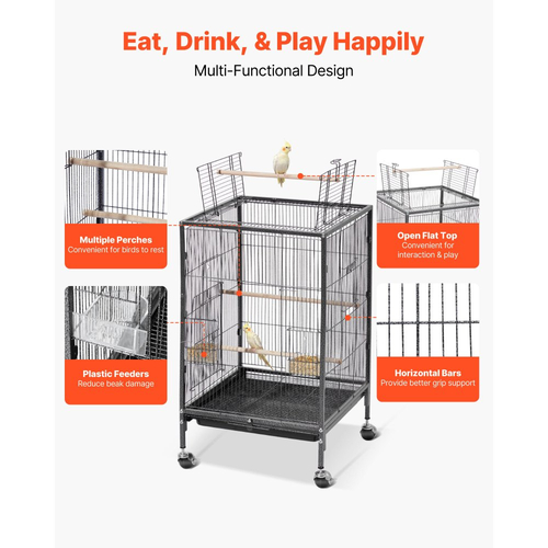 Κλουβί πουλιών VEVOR, 460 x 460 x 770 mm, Ανοιχτή επίπεδη οροφή, Κλουβί πτήσης πουλιών από σφυρήλατο σίδερο με κούρνιες, συρόμενο δίσκο και πλαστικές ταΐστρες, ροδάκια, για παπαγάλους, μπλε τίγρη, κοκατίλ, καναρίνι, παπαγαλάκια, κονούρες