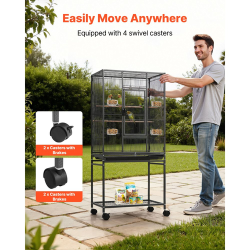 Κλουβί πουλιών VEVOR, 625 x 425 x 1370 mm, επίπεδης οροφής, κλουβί πτήσης από σφυρήλατο σίδερο με κούρνιες, συρόμενο δίσκο και πλαστικές ταΐστρες, ροδάκια, για παπαγάλους, μπλε αιδοίο, κοκατίλ, καναρίνι, παπαγαλάκια, κονούρες