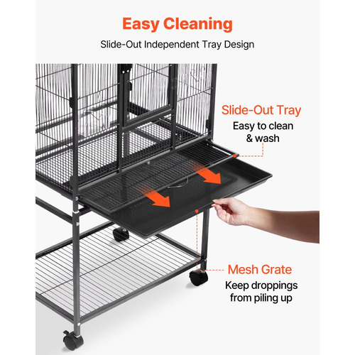 Κλουβί πουλιών VEVOR, 625 x 425 x 1370 mm, επίπεδης οροφής, κλουβί πτήσης από σφυρήλατο σίδερο με κούρνιες, συρόμενο δίσκο και πλαστικές ταΐστρες, ροδάκια, για παπαγάλους, μπλε αιδοίο, κοκατίλ, καναρίνι, παπαγαλάκια, κονούρες