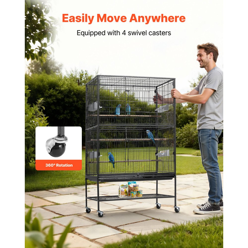 Κλουβί πουλιών VEVOR, 800 x 520 x 1320mm, επίπεδης οροφής, από σφυρήλατο σίδερο με κούρνιες, συρόμενο δίσκο και πλαστικές ταΐστρες, ροδάκια, για παπαγάλους, μπλε γογγύλια, κοκατίλ, καναρίνια και παπαγάλους μοναχούς