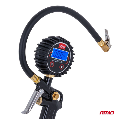 Amio - Επαγγελματικό αερόμετρο φουσκώματος με ψηφιακό μανόμετρο 17 bar – Οθόνη LCD βαλβίδα εκτόνωσης σωλήνας 30cm - 1 τεμ. (04466/AM)