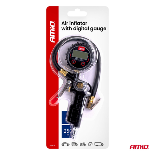 Amio - Επαγγελματικό αερόμετρο φουσκώματος με ψηφιακό μανόμετρο 17 bar – Οθόνη LCD βαλβίδα εκτόνωσης σωλήνας 30cm - 1 τεμ. (04466/AM)
