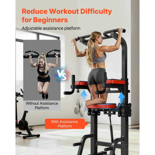 Μπάρα έλξης VEVOR, Σταθμός εμβάπτισης Power Tower 150 κιλών, Σταθμός εμβάπτισης προπόνησης με σταθερή βάση σχήματος H και πλατφόρμα υποβοήθησης, Ρυθμιζόμενη βάση έλξης ύψους 9 επιπέδων για πλάτη, Ρυθμιζόμενα μαξιλαράκια αγκώνων 3 επιπέδων