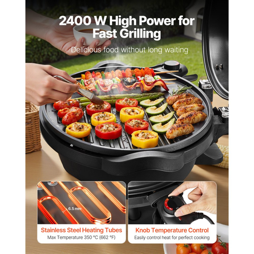 Ηλεκτρική ψησταριά VEVOR 2400W, 2 σε 1, όρθια και επιτραπέζια, ηλεκτρική ψησταριά BBQ για εσωτερικούς και εξωτερικούς χώρους - με ρυθμιζόμενη θερμοκρασία 50°C-350°C και αντικολλητική κεραμική πλάκα για ψήσιμο στην αυλή και πάρτι