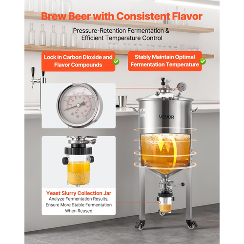 Κωνικός ζυμωτήρας VEVOR από ανοξείδωτο χάλυβα, δεξαμενή ζύμωσης οικιακής ζυθοποίησης 16 γαλονιών/60 λίτρων, ζυμωτήρας κάδου ζυθοποίησης με κωνικό πάτο, 3 τροχούς, καπάκι, λαβή και θερμόμετρο, για ζύμωση κρασιού και μπύρας