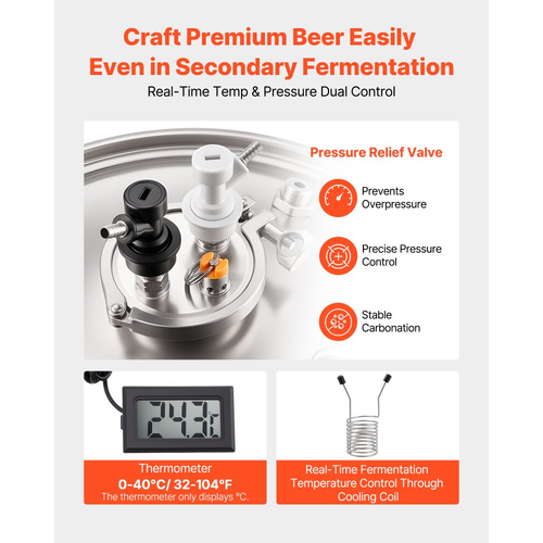Κωνικός ζυμωτήρας VEVOR από ανοξείδωτο χάλυβα, δεξαμενή ζύμωσης οικιακής ζυθοποίησης 16 γαλονιών/60 λίτρων, ζυμωτήρας κάδου ζυθοποίησης με κωνικό πάτο, 3 τροχούς, καπάκι, λαβή και θερμόμετρο, για ζύμωση κρασιού και μπύρας